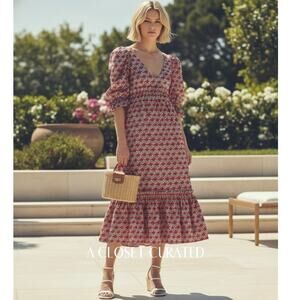 Eddy Hayley Red Puff Sleeve Cotton Midi Dress NEW XS